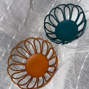 Set of Two Decorative Metal Bowls in Orange and Teal Home Decor Holders NWOT